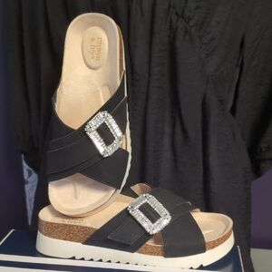 Crown & Ivy Black Sandals with Sparkling Buckle